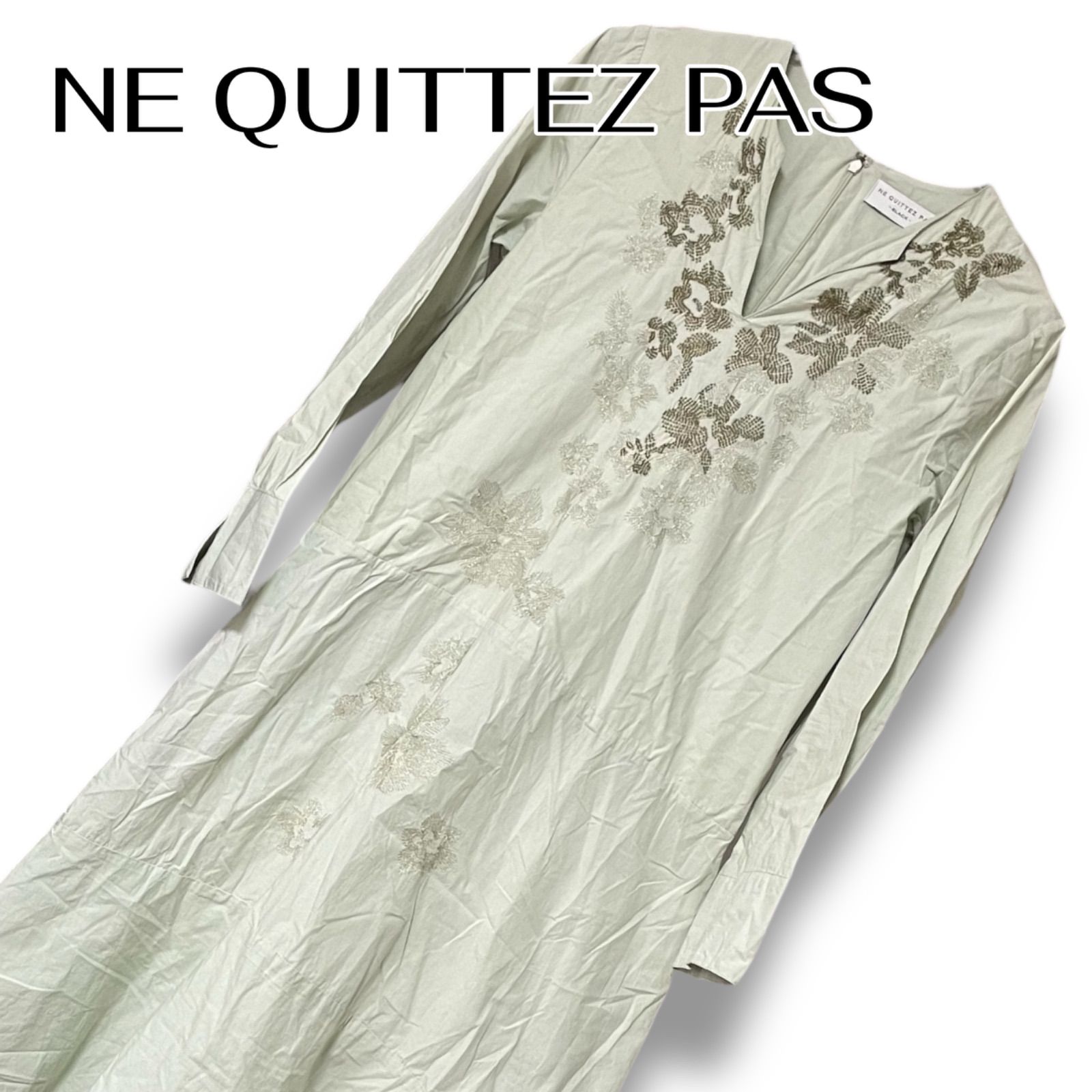 NE QUITTEZ PAS ヌキテパ BLACKライン 長袖刺繍ワンピース ドレス ライトグリーン セージグリーン系 フリーサイズ M L相当 コットン 刺繍ポリエステル 上品エスニックな雰囲気のインド製