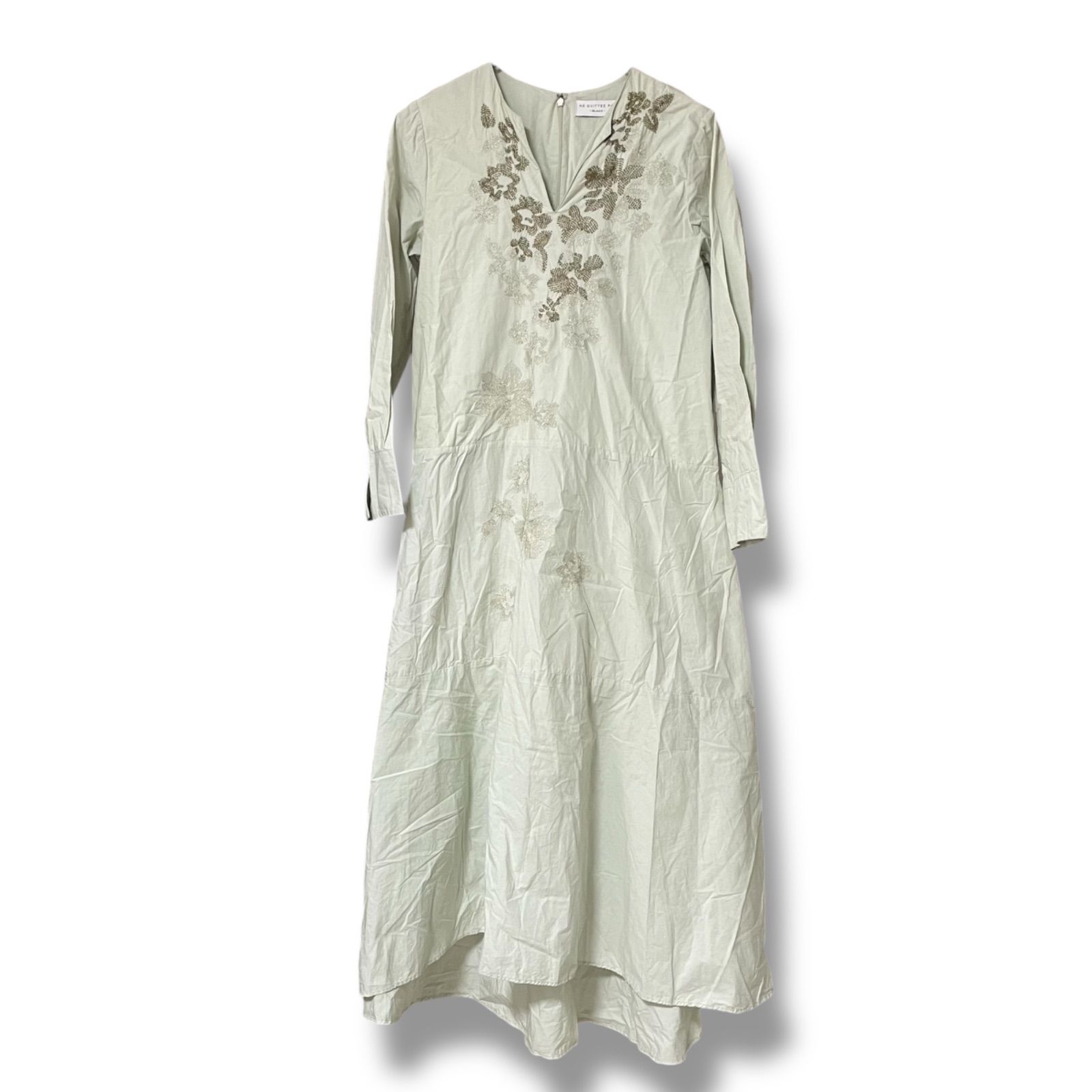 NE QUITTEZ PAS ヌキテパ BLACKライン 長袖刺繍ワンピース ドレス ライトグリーン セージグリーン系 フリーサイズ M?L相当 コットン 刺繍ポリエステル 上品エスニックな雰囲気のインド製