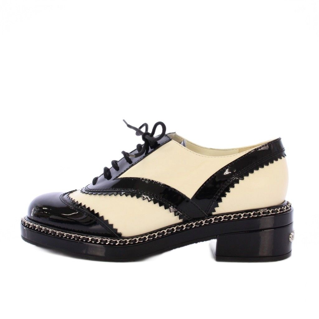 シャネル CHANEL レースアップシューズ ドレスシューズ ウイングチップ バイ レザー 38 C 黒 白 G 35316 KH
