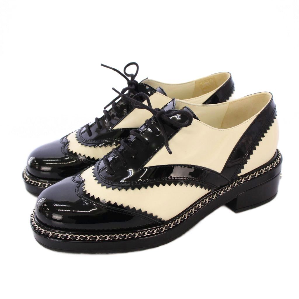 シャネル CHANEL レースアップシューズ ドレスシューズ ウイングチップ バイカラー レザー 38 C 黒 白 G 35316 |KH