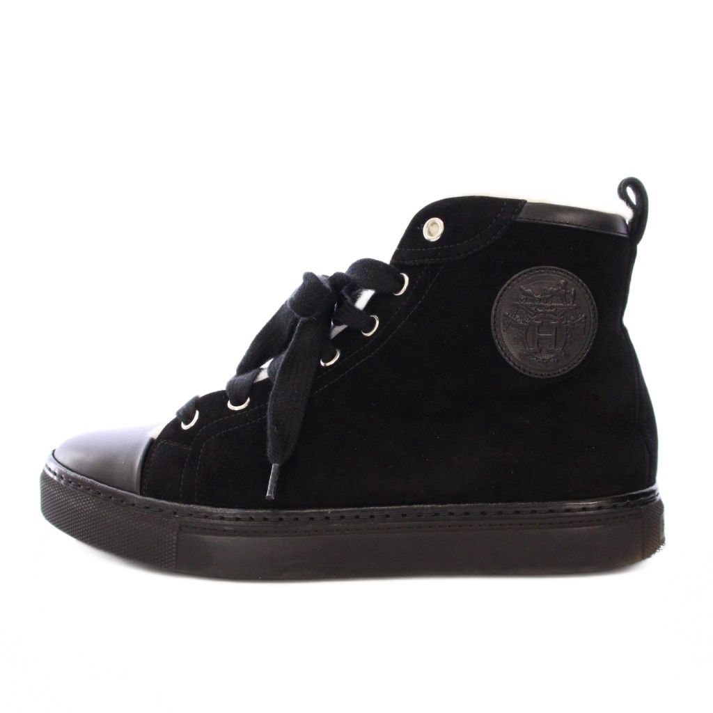 エルメス HERMES JIMMY ジミー ハイカットスニーカー シューズ 厚底 スエード 切替 ロゴ ワンカラー 38 黒 ブラック |BB