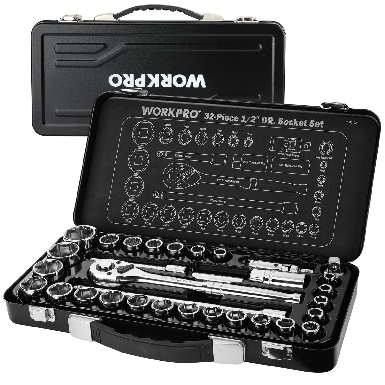 WORKPRO ソケットレンチセット 差込角12.7 mm 32点セット ガレージツールセット クイックリリースラチェットハンドル 鉄製収納ケース付き バイク 自動車整備 工具セット