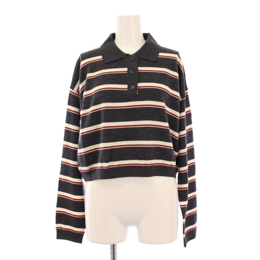 ジプソフィア Gypsohila Knit Polo ニットポロシャツ 長袖 レギュラーカラー ショート丈 ハーフボタン ウール ボーダー柄 F グレー GPG-518 |BB