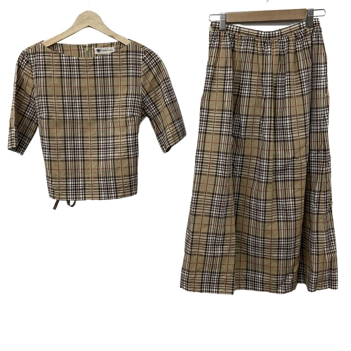 YORKLAND ヨークランド スカートセットアップ レディース ベージュ ブラウン マルチ チェック柄 ロング丈