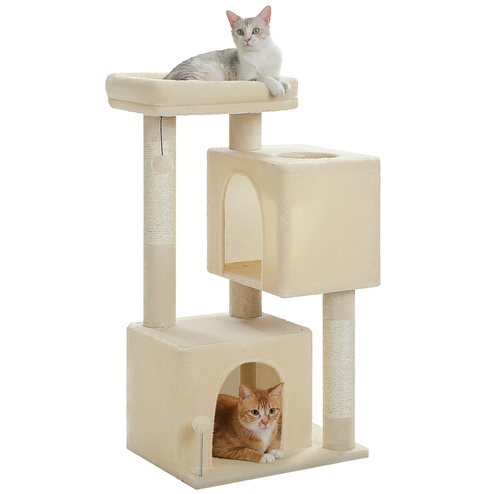 PAWZ Road キャットタワー 大型猫用 低い 低め スリム 猫タワー 爪研ぎ コンパクト 爪とぎポール 猫ハウス２つ 据え置き 多頭飼い シニア猫 老猫 子猫 登りやすい 天然サイザル麻 おもちゃ付き 猫ベッド - Ｌサイズ ベージュ 高さ110 cm