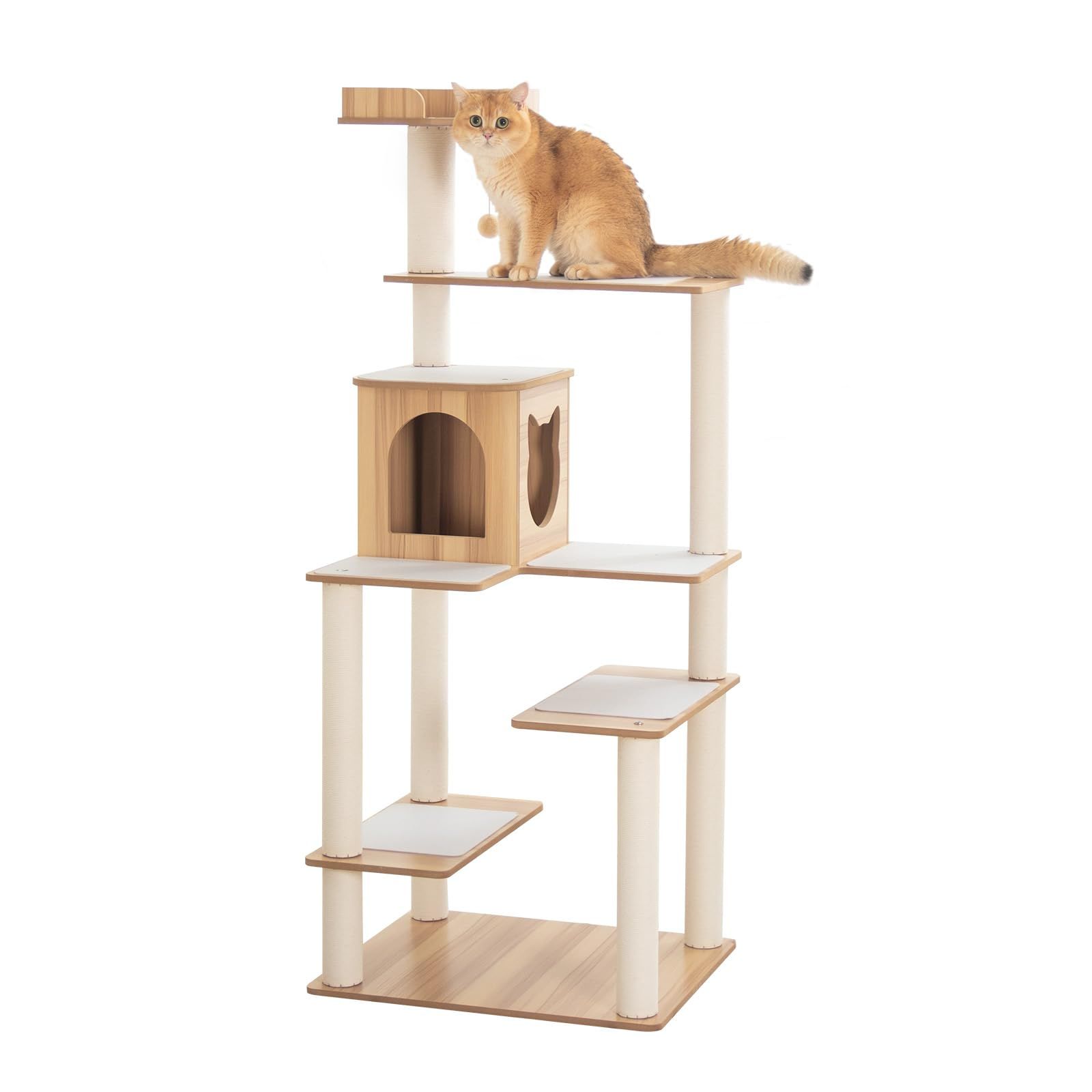 キャットタワー 木製 据え置き 滑り止めマット おしゃれ 木目 省スペース 重厚感 宇宙船 高さ148 cm 猫タワー 大型猫 シニア猫 多頭飼い 猫ハウス 壁際ぴったり 成猫 キャットツリー 展望台 クリアボウル 安定性 インテリア性 ストレス発散 運