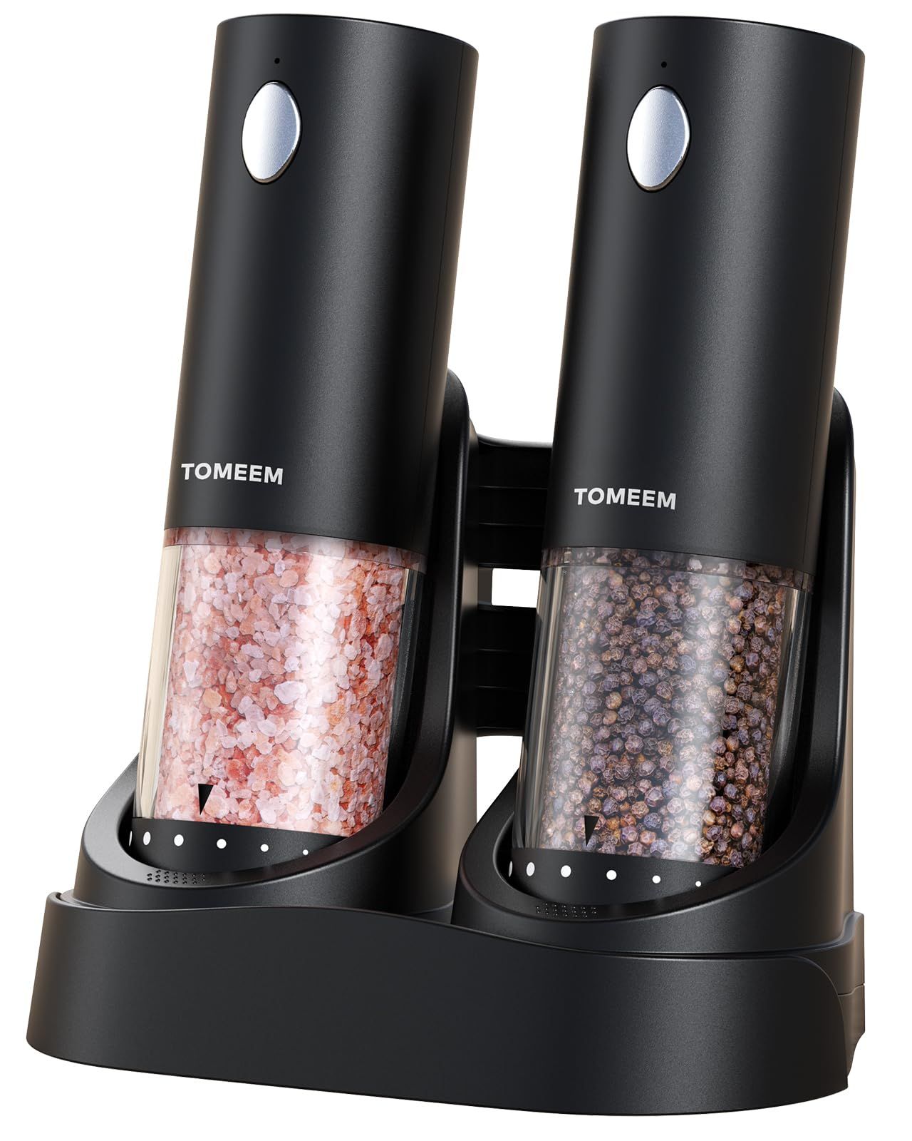 TOMEEM 電動ミル 電動ペッパーミル充電ベース付きソルトミル 充電式ソルト ペッパーミルセット ソルト ペッパー 岩塩 胡椒 スパイス LEDライト付き 粗さ調節 2本セット 調理用品 片手操作 日本語説明書付き