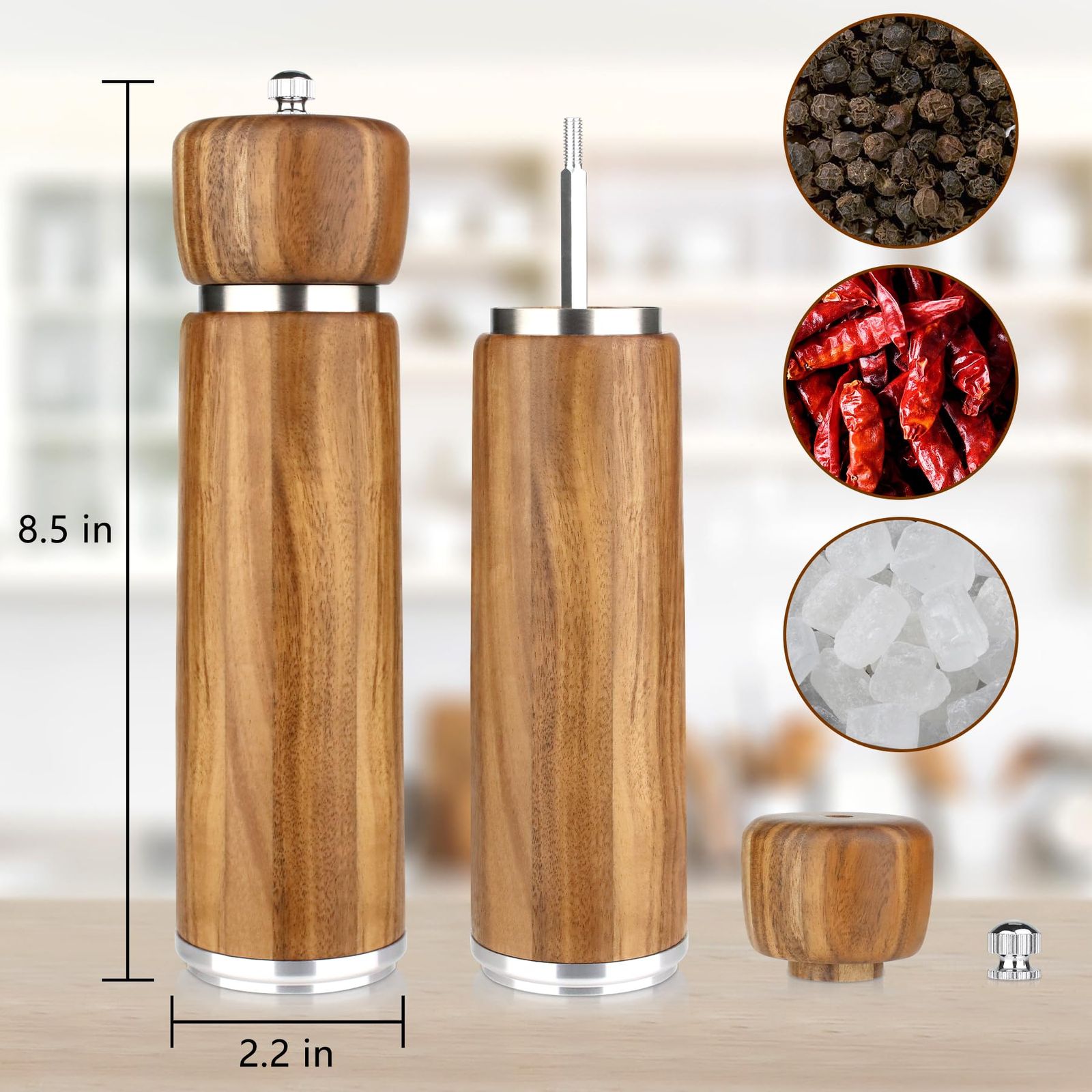 ペッパーミル 木製 手動 2本セット Lサイズ【日本語説明カード、ブラシ