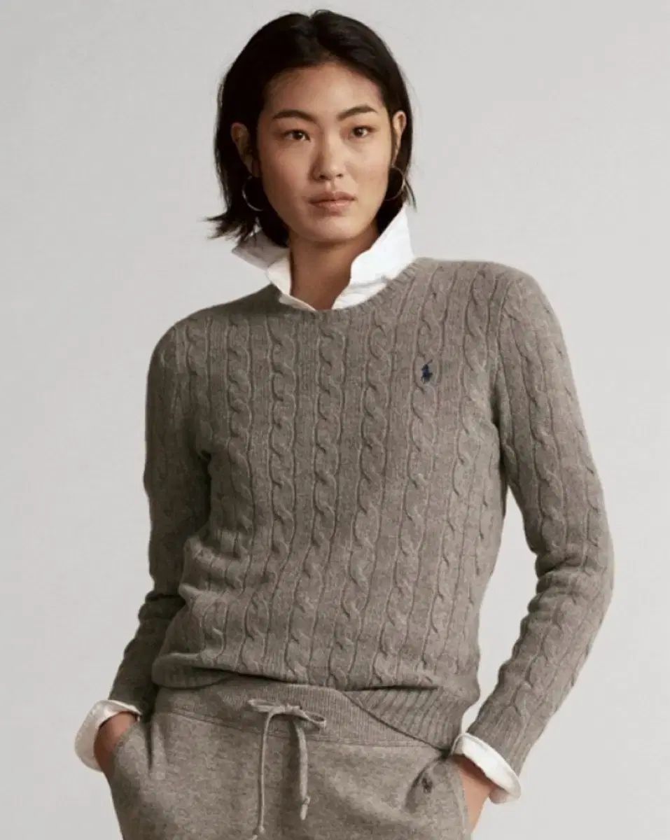 ポロ ウィメンズ ケーブル ウール クルーネック セーター グレーヘザー M