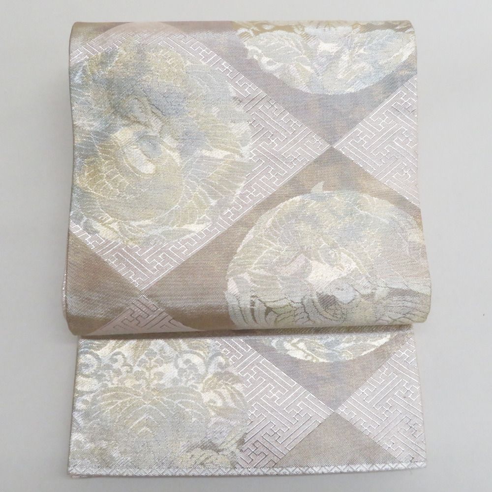 袋帯 佐賀錦 金糸銀糸 シャンパンゴールド系 金色x薄ピンク色x銀色