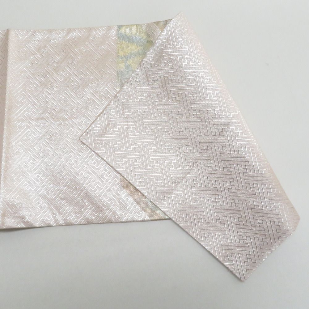 袋帯 佐賀錦 金糸銀糸 シャンパンゴールド系 金色x薄ピンク色x銀色