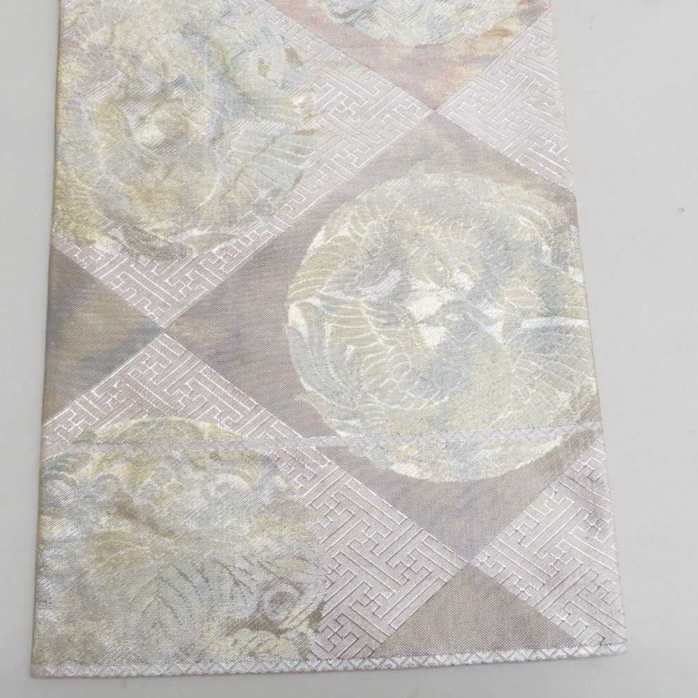 袋帯 佐賀錦 金糸銀糸 シャンパンゴールド系 金色x薄ピンク色x銀色