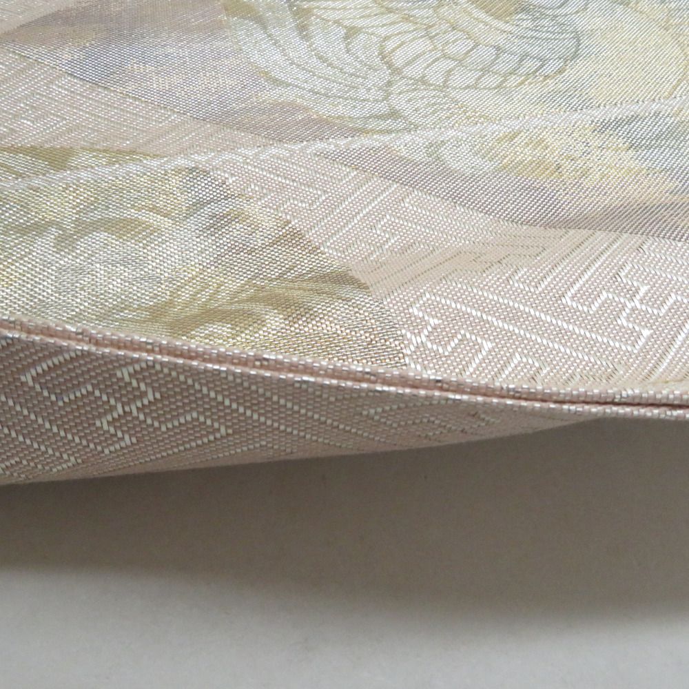 袋帯 佐賀錦 金糸銀糸 シャンパンゴールド系 金色x薄ピンク色x銀色