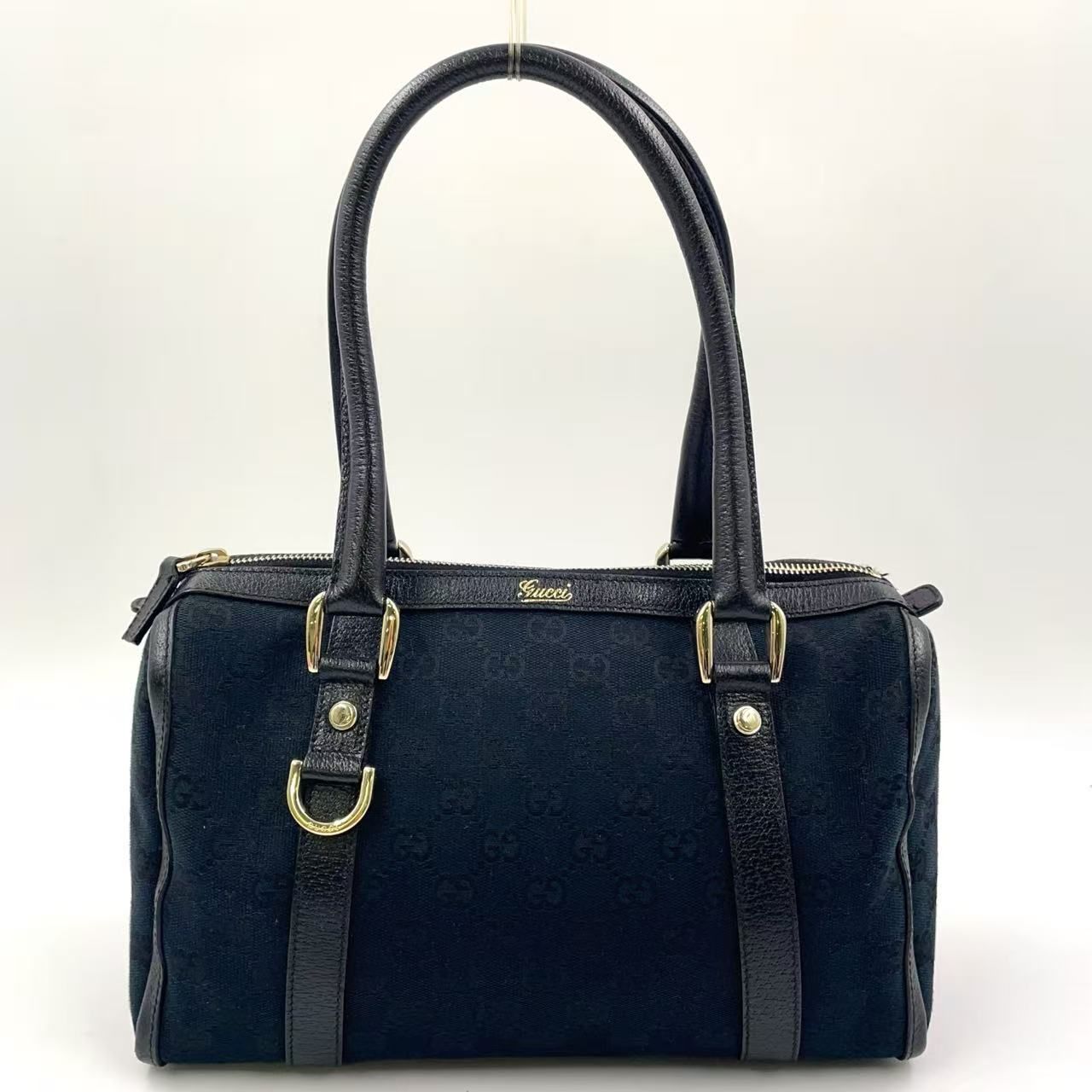 GUCCI アビー レザー×キャンバス ブラック ハンドバッグ ゴールド