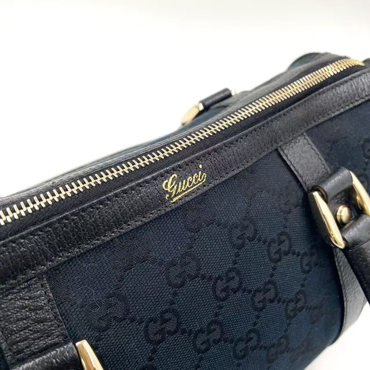 GUCCI アビー レザー×キャンバス ブラック ハンドバッグ ゴールド