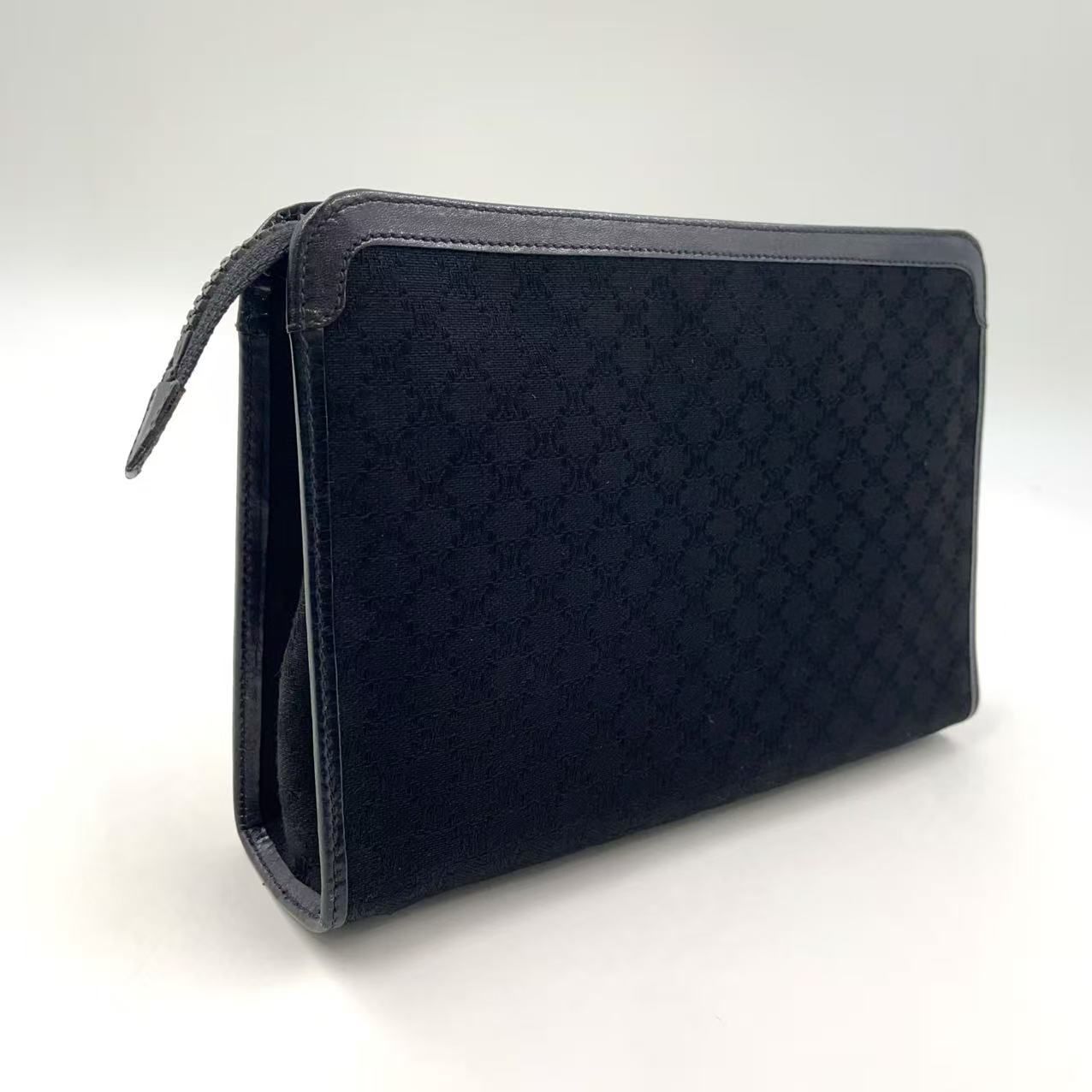 CELINE マカダム柄 レザー×キャンバス ブラック クラッチバッグ ゴールド