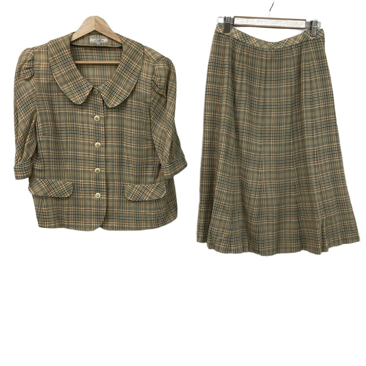 Leilian レリアン スカートスーツ レディース ベージュ ダークグレー マルチ チェック柄 肩パッド