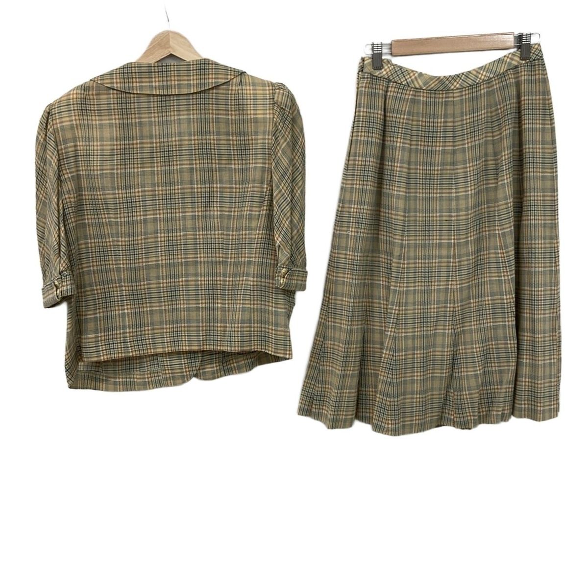 Leilian レリアン スカートスーツ レディース - ベージュ×ダークグレー×マルチ チェック柄|肩パッド