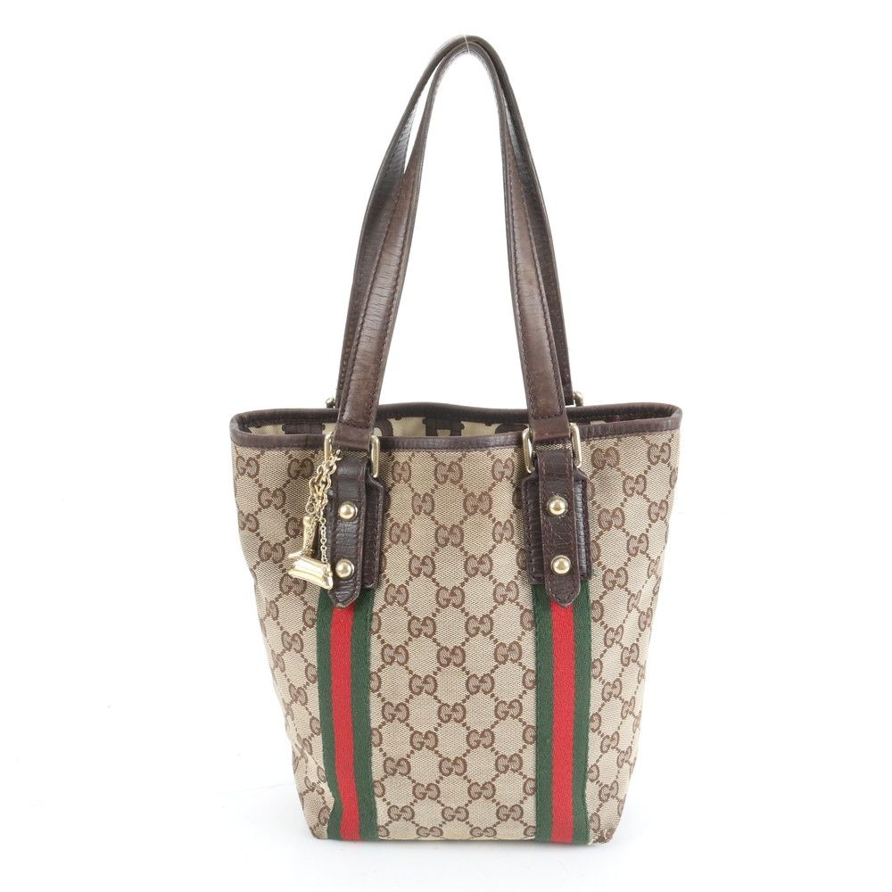 美品 グッチ GG キャンバス シェリー ライン チャーム付 レザー トート