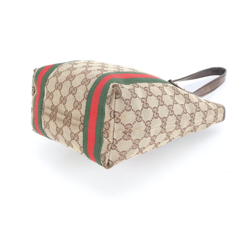 美品 グッチ GG キャンバス シェリー ライン チャーム付 レザー トート