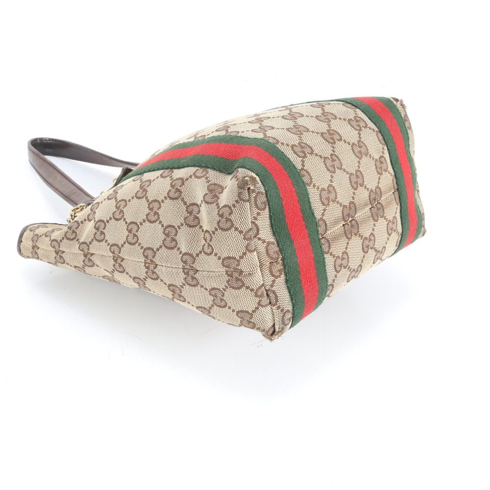 美品 グッチ GG キャンバス シェリー ライン チャーム付 レザー トート