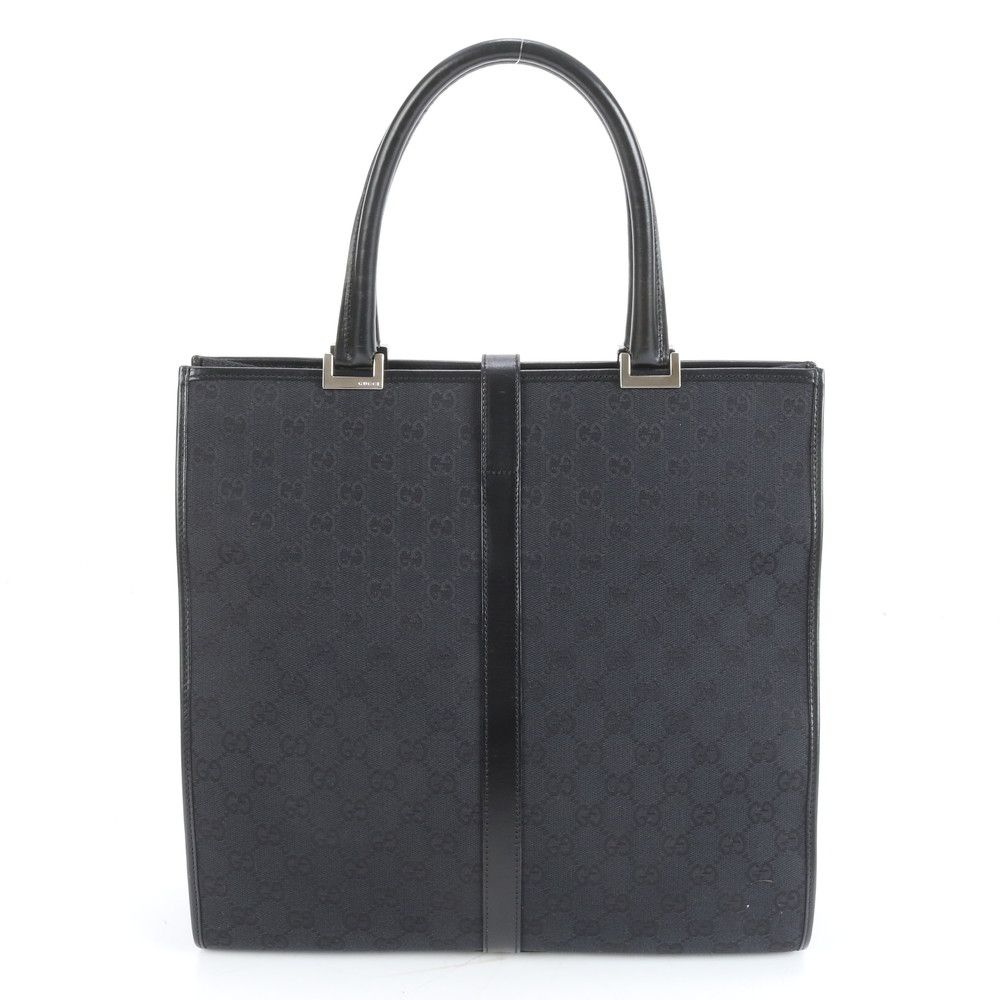 グッチ　トートバッグ　ビジネス　GGキャンバス　レザー　A4 肩がけ　ブラック 極美品 グッチ GG キャンバス ジャッキー レザー トート バッグ 肩掛け