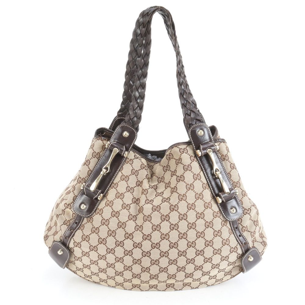 美品 グッチ GG キャンバス ホースビット レザートート バッグ 肩掛け