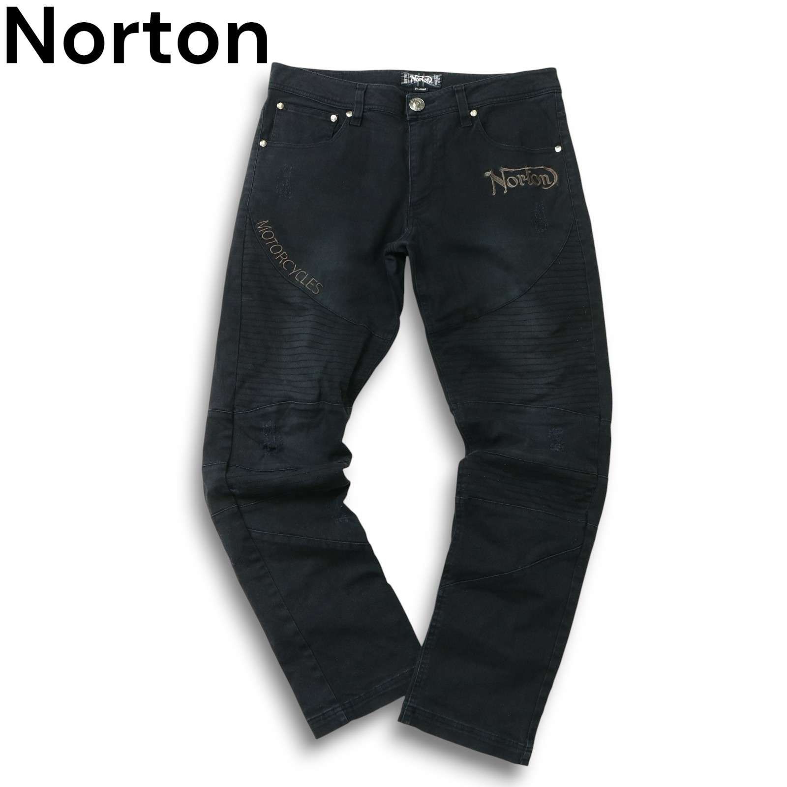 Norton ノートン ダメージ加工☆ ロゴ刺繍 ストレッチ バイカー デニム 