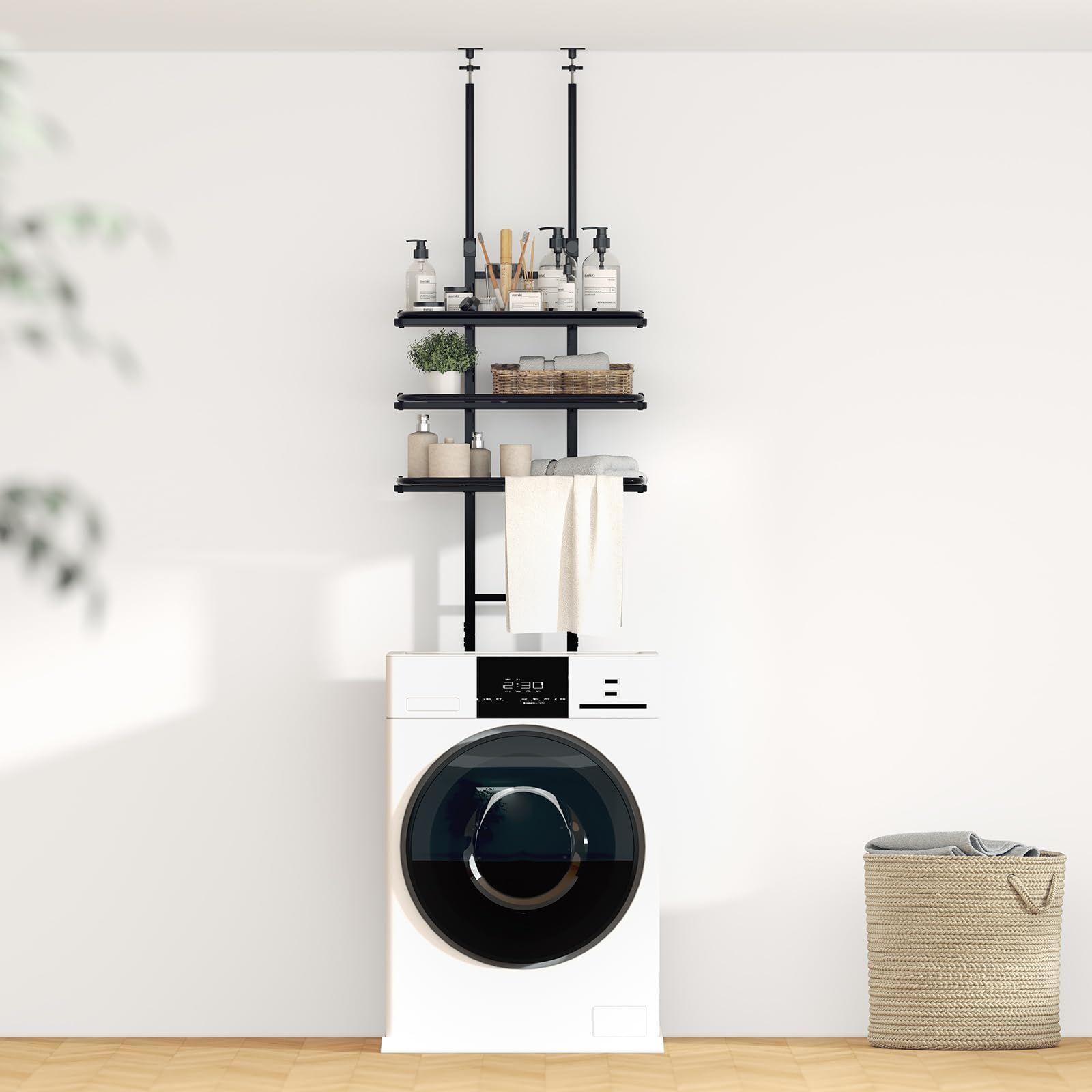 高さ調整 洗濯パン対応 8段階 伸縮 スリム 省スペース シャワールーム収納 棚3段 組み立て簡単 収納棚 幅60 cm 突っ張り式 高さ203～280 洗濯機ラック ブラック ランドリーラック 幅60㎝ LunarLight