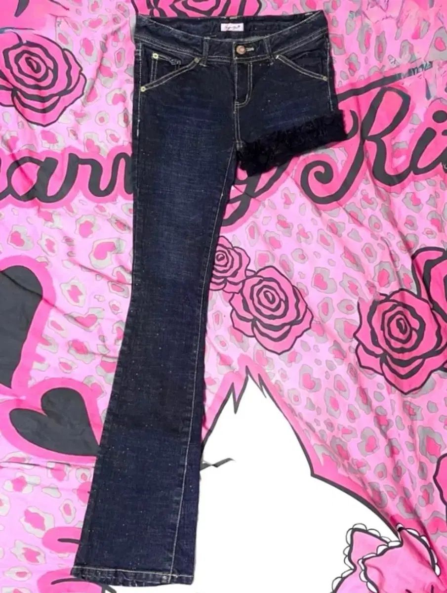 MA RS マズ シロキティ アシンメトリー グリッター レース デニム パンツ ピンター ギャル