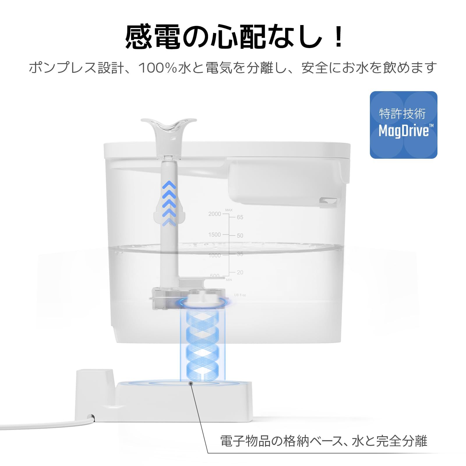  Cheerble 猫 自動給水器 猫水飲み器 猫給水器 ポンプレス 循環式 お手入れ簡単 食洗機対応 常時稼働モード 大容量2 L 静音 犬給水器 活性炭フィノレター付き E 1 Lite カーペット掃除用具 食器洗い 台所用洗剤 台所洗剤