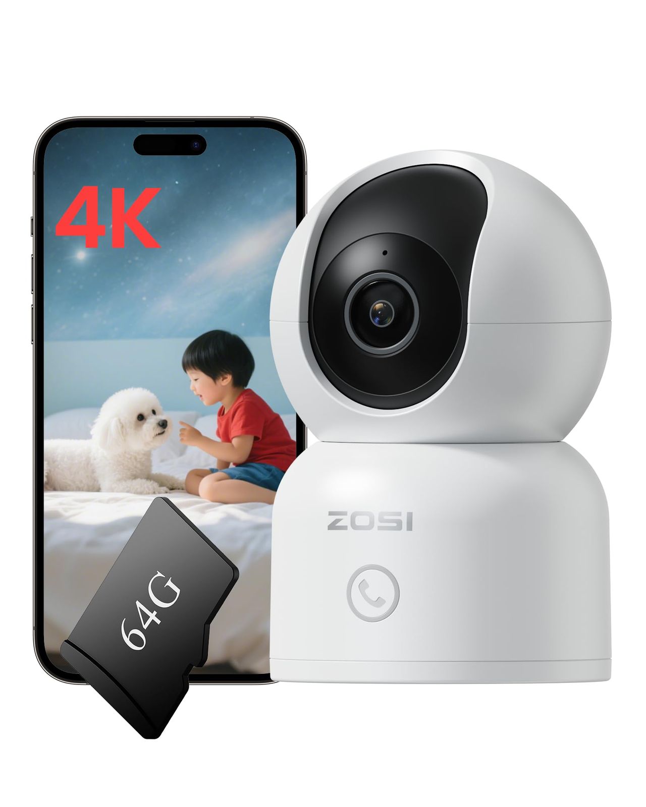 2.4G/5Gデュアルバンド・8MP画素ZOSI C518 8MP画素 ペットカメラ 64GB