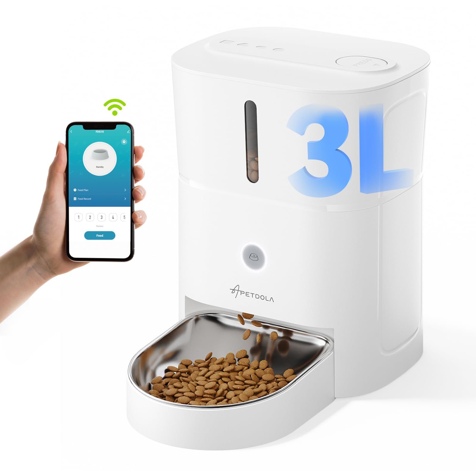 自動給餌器 猫 アプリ操作 定時定量 1日6食 自動餌やり機 音声録音 3 L容量 鮮度保持 2 WAY給電 手動給餌可 ステンレス皿 WiFi式 スマホ遠隔操作 操作簡単 中小型犬用 iOS Android対応 ホワイト