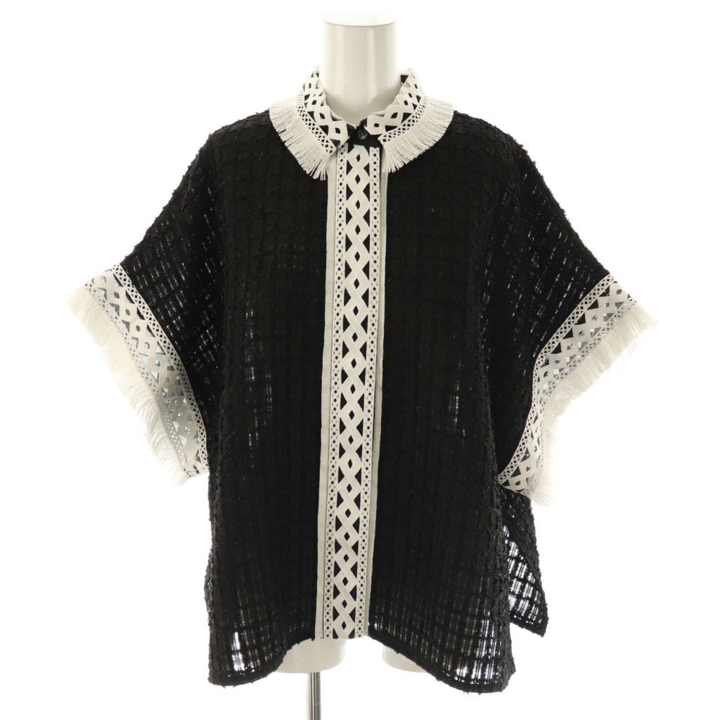 アドーア ADORE 25 SS レーシーメッシュ ブラウス 半袖 フリンジ 38 ブラック ホワイト ES OS