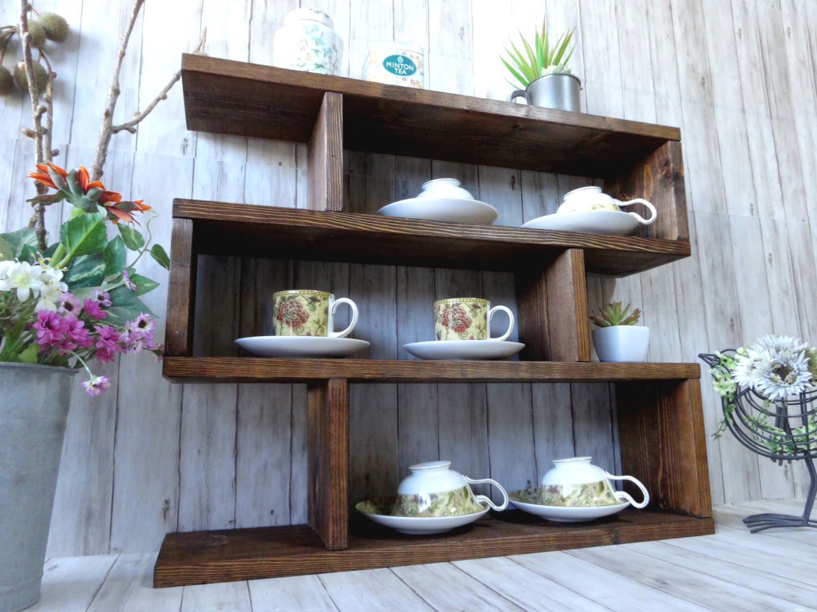 ハンドメイド カップボード3段タイプ （ダークチーク色）