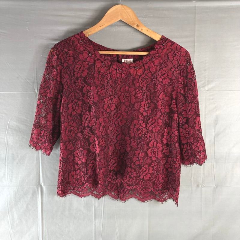 KIKUKO KIDO ムッシュ榊 セットアップ カットソー スカート レース ビーズ 花柄 裏地付き タグ付き 赤 ボルドー系 883782