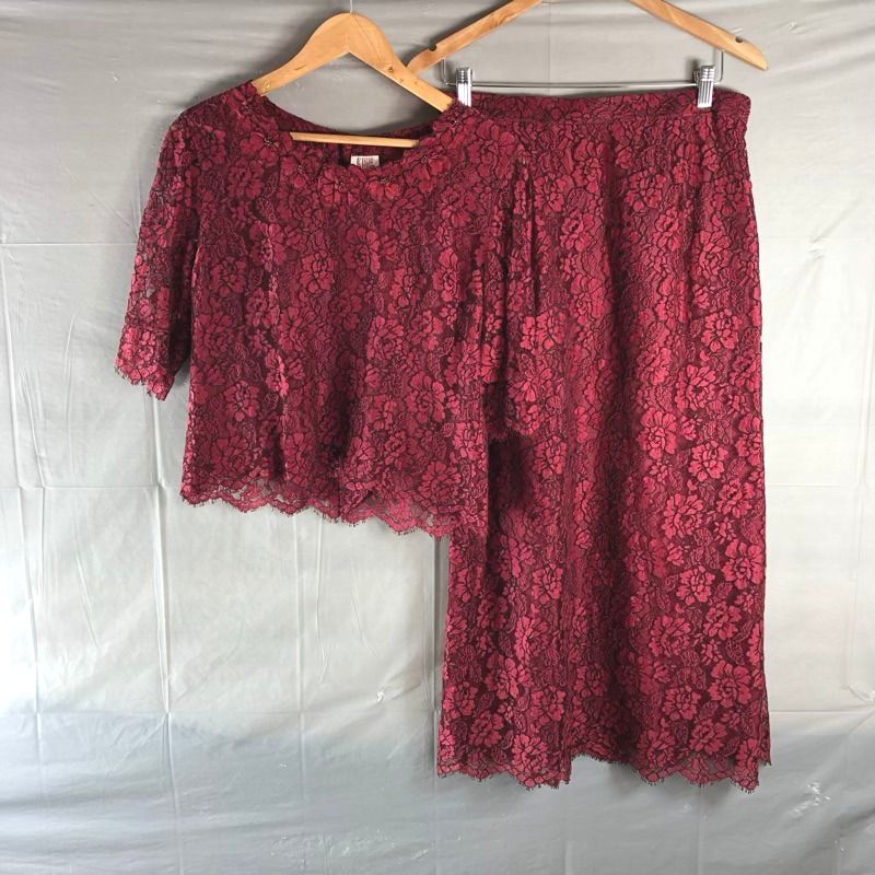 KIKUKO KIDO ムッシュ榊 セットアップ カットソー スカート レース ビーズ 花柄 裏地付き 赤 ボルドー系 883782