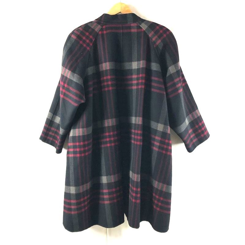 メラーンジュ MELANGE コート チェック オープンフロント チャーム付き シルバーブローチ付き ブラック系 980810