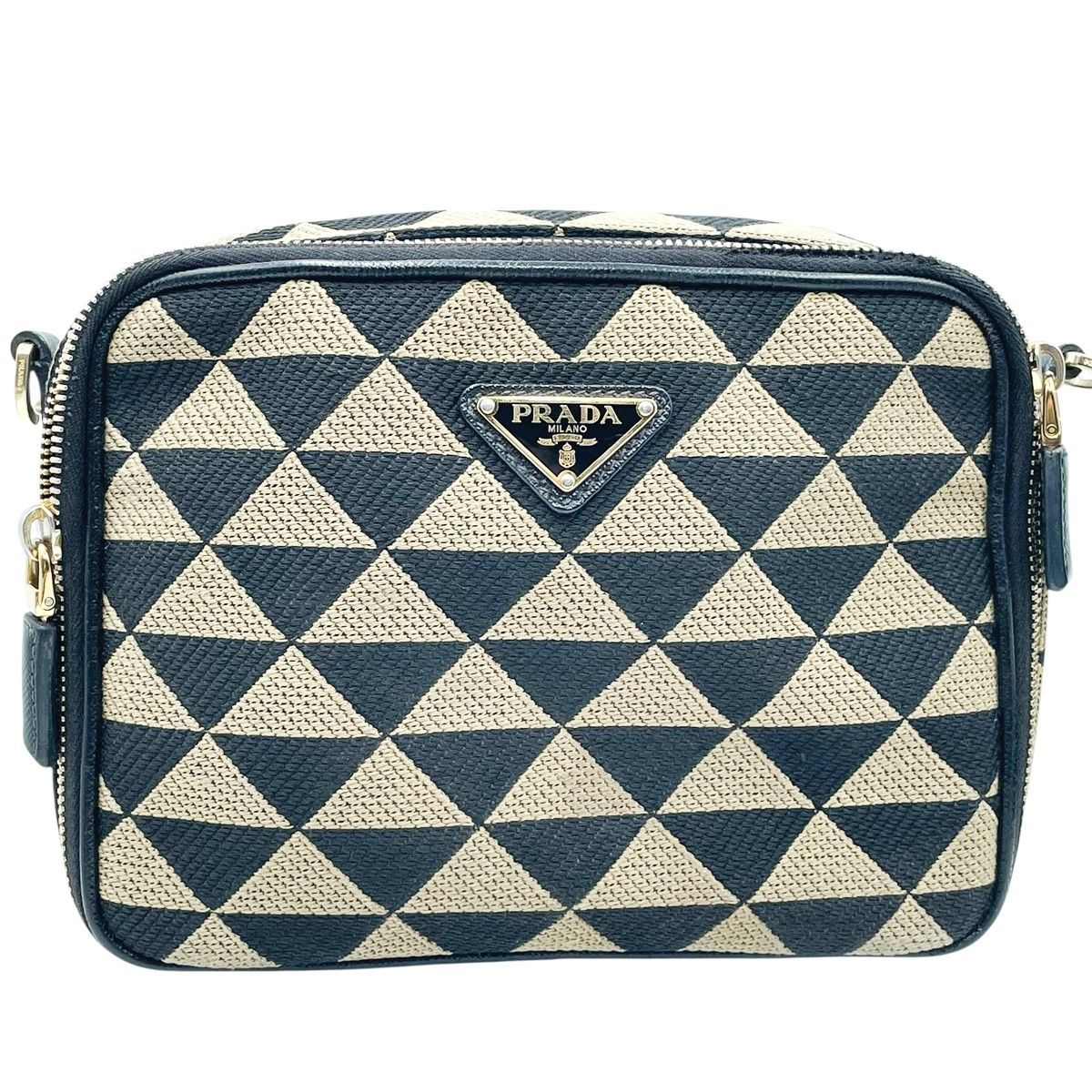 PRADA プラダ ブリック エンブロイダリーファブリック ショルダーバッグ 2 VH 069 トライアングルロゴ イエロー ブラック ワイドストラップ ダメージあり MK