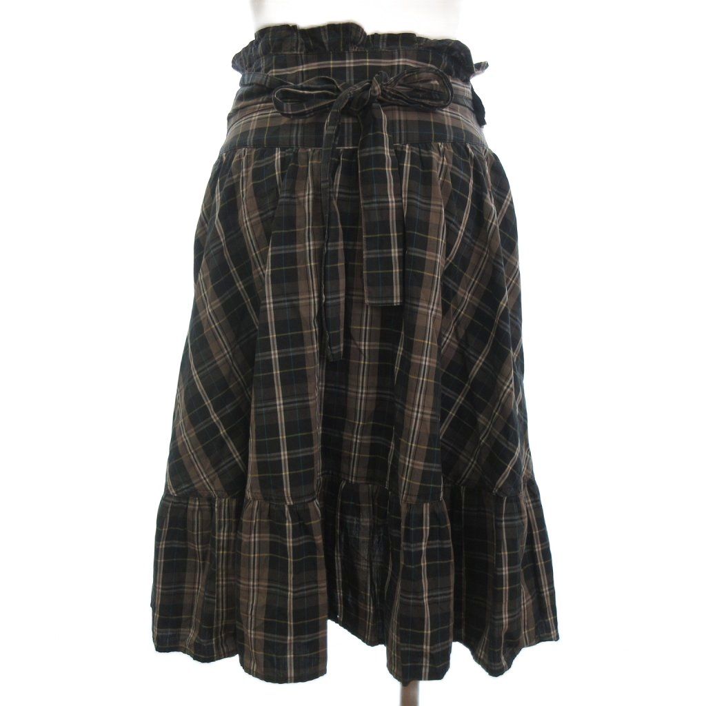ケンゾー KENZO フリル ラップスカート チェック ひざ丈 ブラック