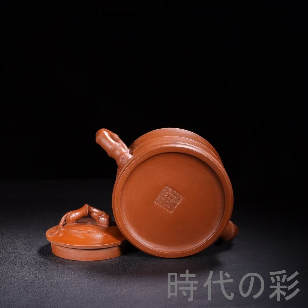 旧蔵 朱可心 竹節壺】原鉱紅泥 紫砂壺 名家作款 茶器 急須 手作り 宜興 