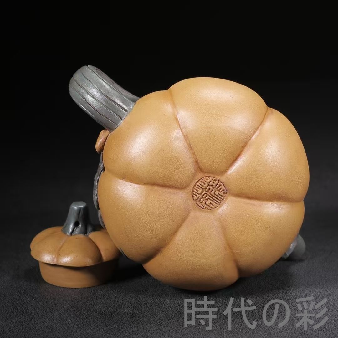 旧蔵 蒋蓉 南瓜壺】原鉱段泥 紫砂壺 名家作款 茶器 急須 手作り 宜興