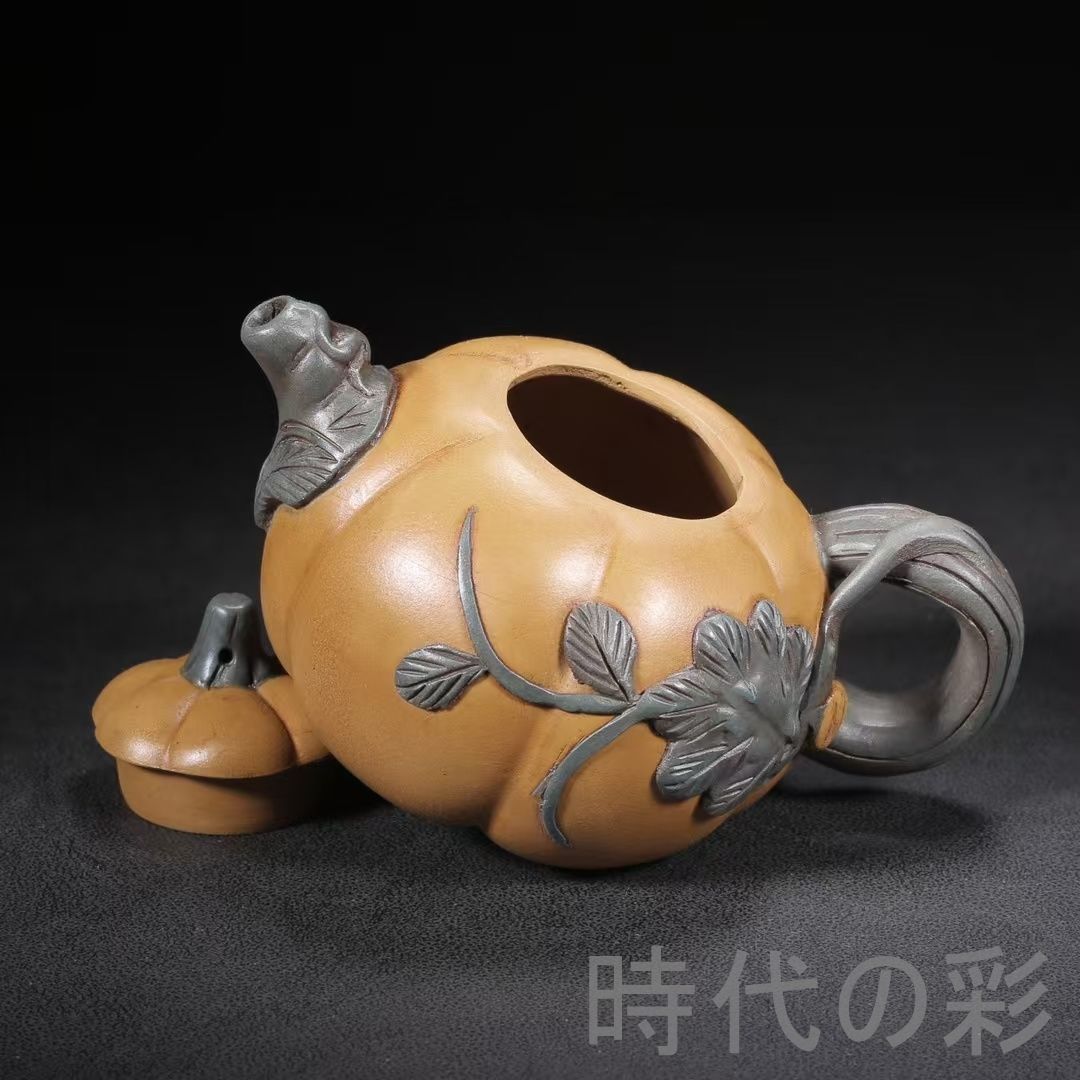 旧蔵 蒋蓉 南瓜壺】原鉱段泥 紫砂壺 名家作款 茶器 急須 手作り 宜興