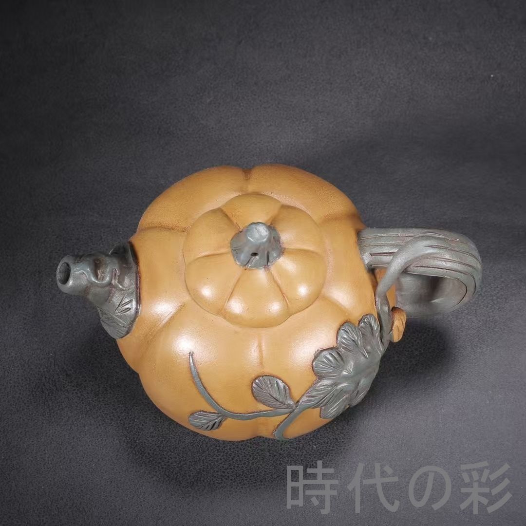 旧蔵 蒋蓉 南瓜壺】原鉱段泥 紫砂壺 名家作款 茶器 急須 手作り 宜興