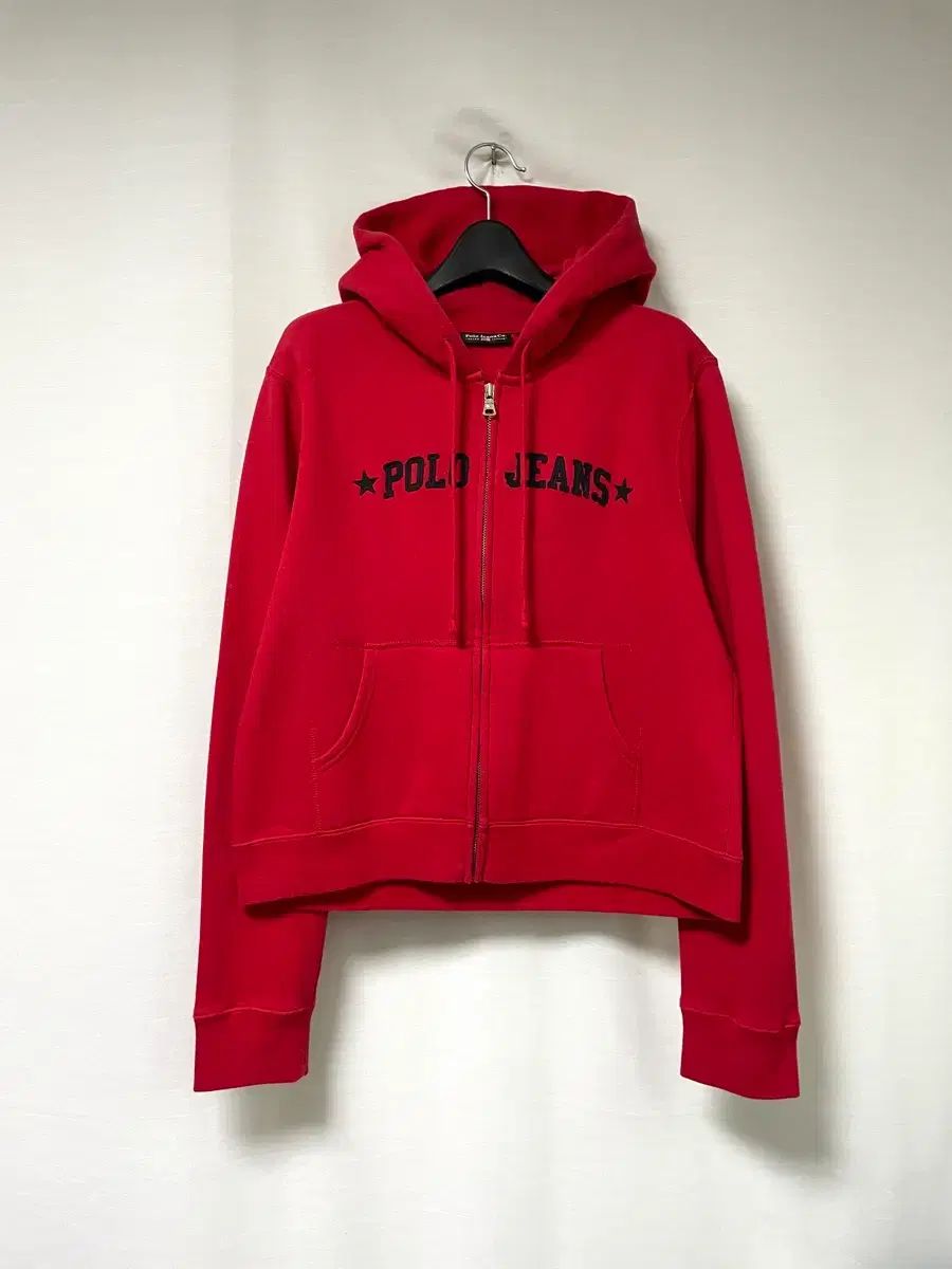 ポロジーンズ レディース Spellout セミクロップド 起毛 フードジップアップ L _ かわいいレッド