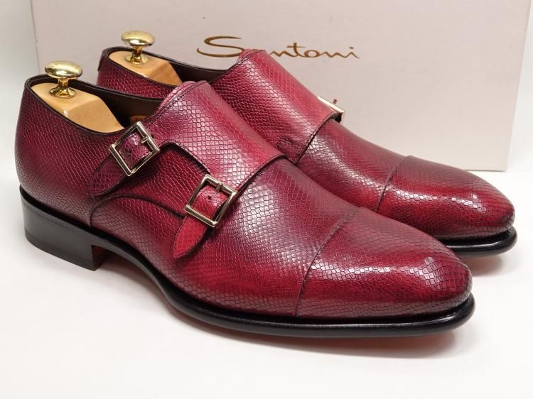 789 1113 程度 サントーニ ダブルモンク バーガンディー 型押しレザー UK 7.5