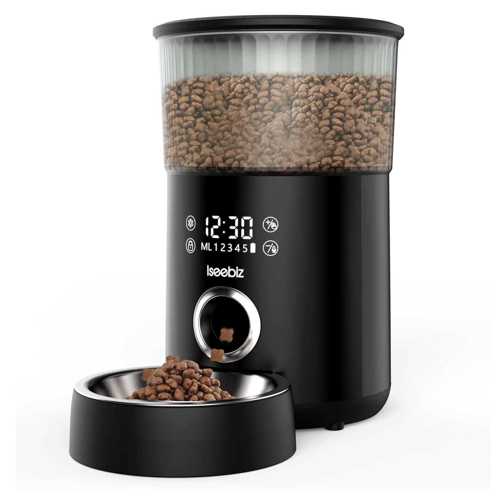 Iseebiz 自動給餌器 猫 中小型犬用 餌やり機 タイマー式 1日5食 3.5 L 大容量 最大20日連続自動給餌 録音可 2 Way給電 赤線センサー 自己保護機能 取り外し可 お手入れ簡単 日本語対応説明書付き 半透明タンク ステンレス製トレイ付き 安