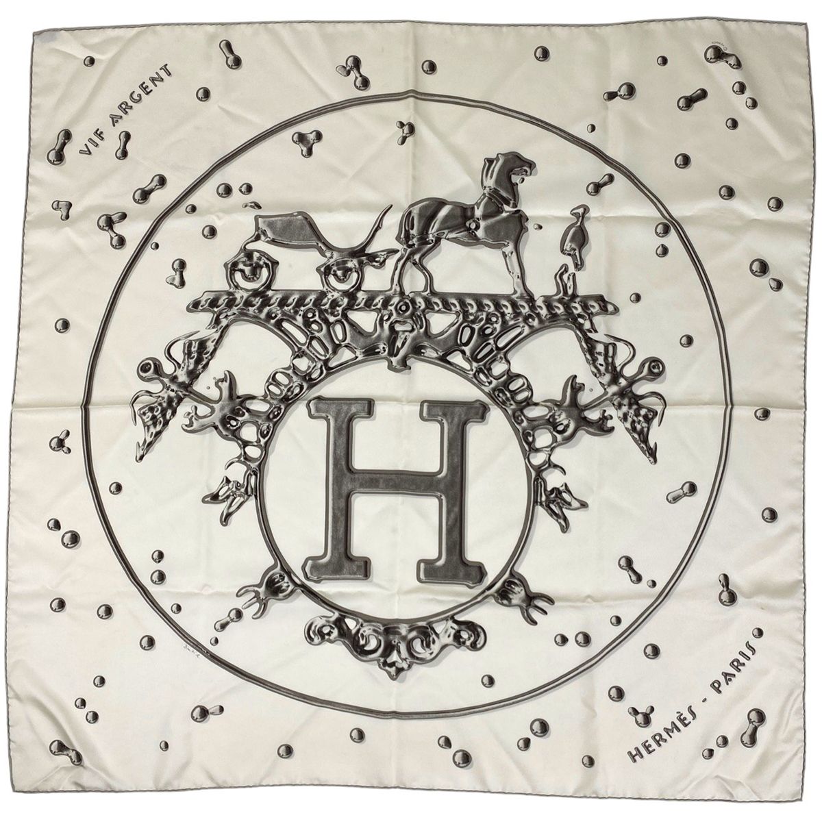 ✨希少✨HERMES エルメス スカーフ カレ90 銀の雫　ロゴ　馬車　H柄 エルメス HERMES カレ 90 VIF ARGENT 銀の雫 Hロゴ 馬 スカーフ シルク