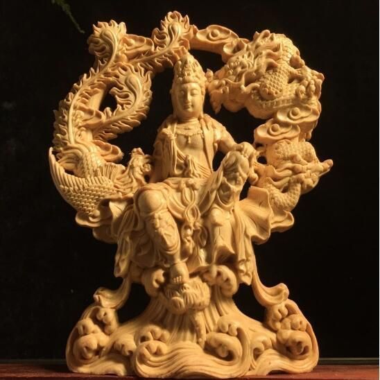 観音菩薩 木彫 縁起物 細密彫刻 龍鳳呈祥-自在観音 仏像 置物 仏教美術