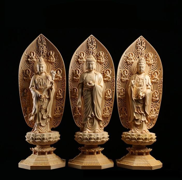 極上品 総檜材 仏教美術 精密彫刻 仏像 仏師で仕上げ品 西方三聖立像